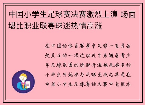 中国小学生足球赛决赛激烈上演 场面堪比职业联赛球迷热情高涨 中国小学生足球赛决赛激烈上演 场面堪比职业联赛球迷热情高涨