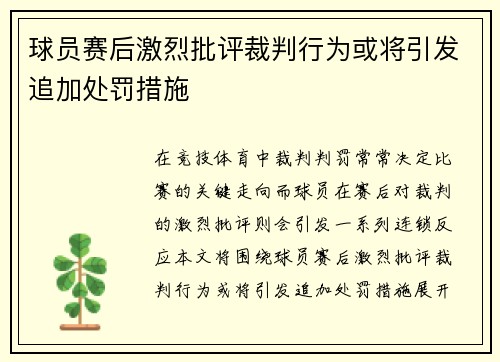 球员赛后激烈批评裁判行为或将引发追加处罚措施