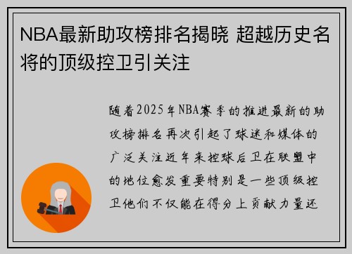 NBA最新助攻榜排名揭晓 超越历史名将的顶级控卫引关注